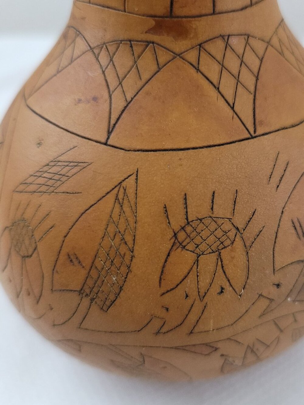 Vintage Hand Engraved Gourd Art Floral Geometric 6" tall Folk Art